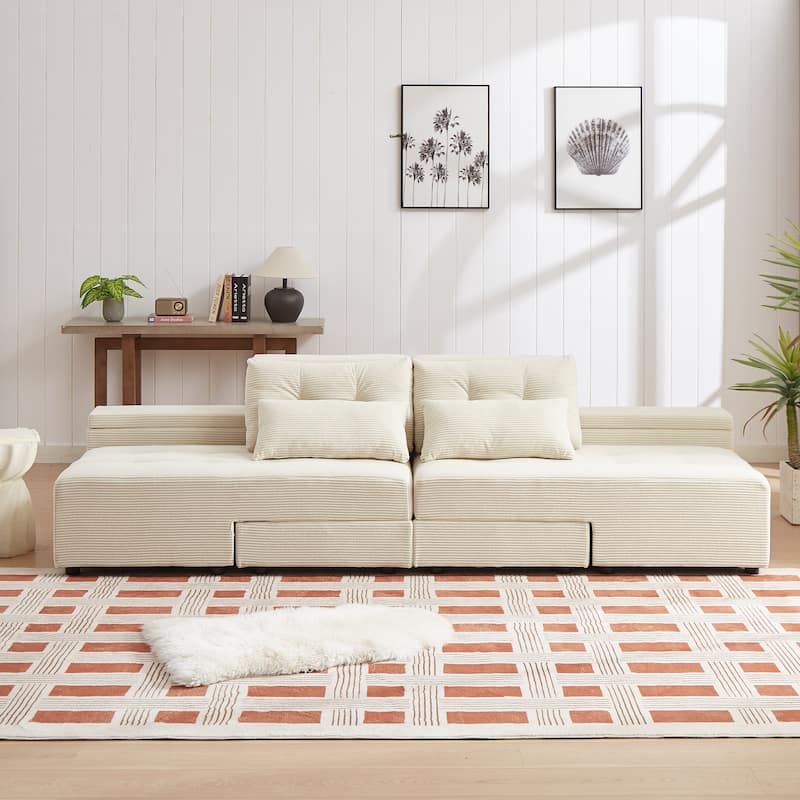 Convertible 3 in 1 Sleeper Sofa and Sectional Sofa with 4 Storage Space for Living Room,Corduroy Couch With 4 pillows,Corduroy
