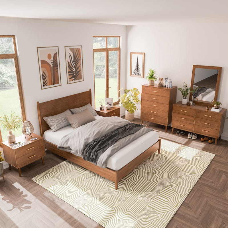 Furniture of America Beau Midcentury 6-Piece Walnut Queen Bedroom Set - Wood Headboard