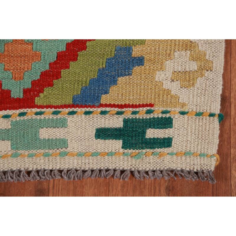 Hand Woven Oriental 100% Wool Carpet Southwestern Geometric Multi-Colored Kilim Runner Rug - 16' 2'' X 2' 9''