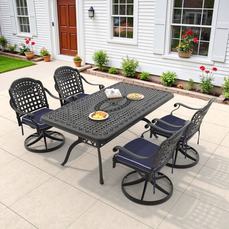 5-Piece Aluminum Rectangular Outdoor Patio Dining Set, 4 Cushioned Swivel Chairs, Table, All-Weather Frames
