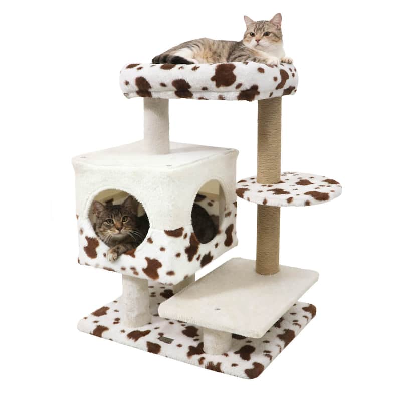 Costway Modern Cat Tree with Wide Upholstered Perch & 2-Entrance Cat - White, Brown - See Details