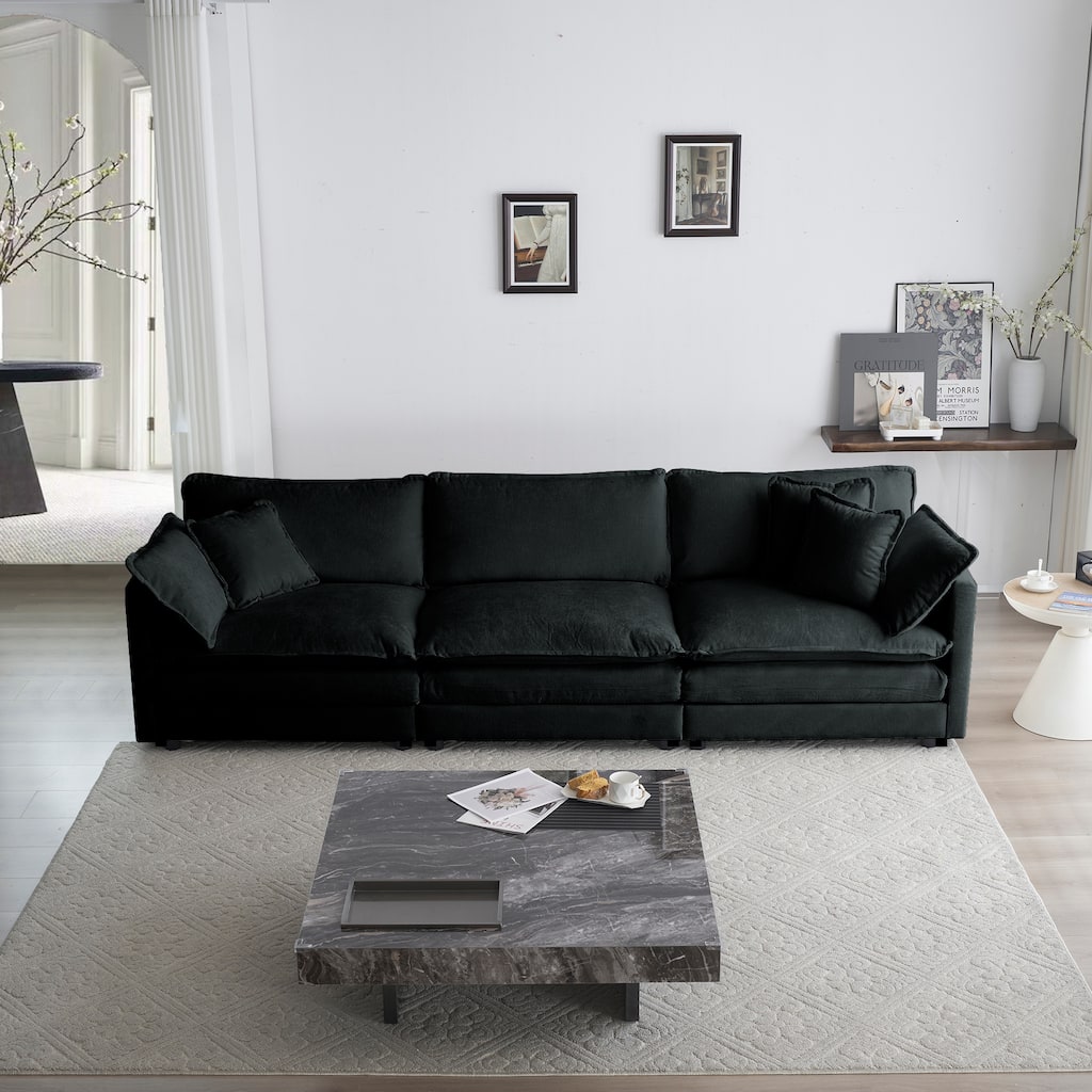 Mid-Century Modern Couch 3-Seater Sofa with 2 Armrest Pillows and 3 Toss Pillows,Couch for Living Room Black Chenille