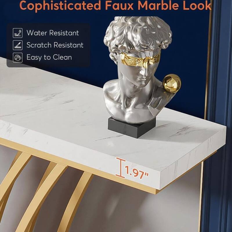 White-Gold Metal and MDF Console Table with Faux Marble Top and Shelf - 59.06” L x 11.81 W x 31.50 H