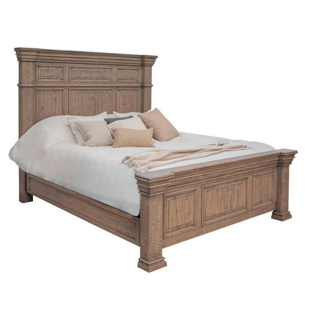 Riel Queen Size Bed, Solid Pine Wood, Molded Details, Wire Brushed Brown