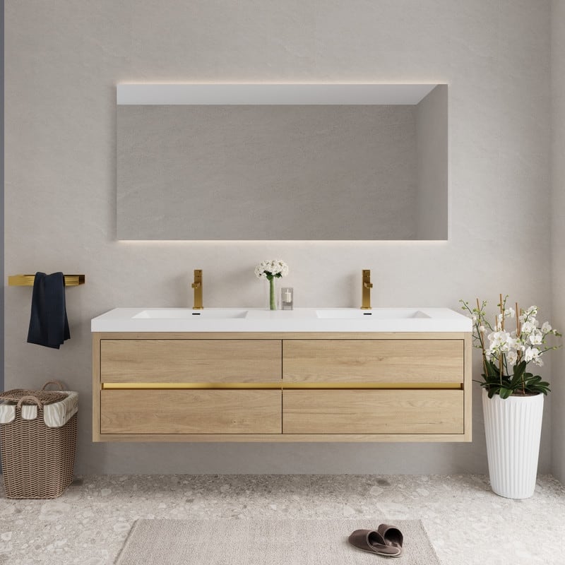 ABRUZZO 72" Floating Bathroom Vanity Double Sink with Stone Resin Top Four Soft Close Drawers - Natural Oak