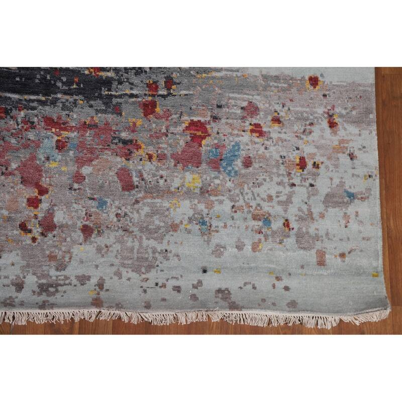 Hand Knotted Oriental 100% Silk Carpet Modern Floral Greys & Charcoal Abstract Area Rug - 10' 3'' X 8' 0''