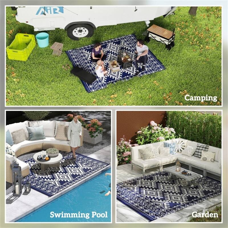 Reversible Outdoor Rug Rhombus Border UV Protected Foldable Camping RV Patio Picnic Mat