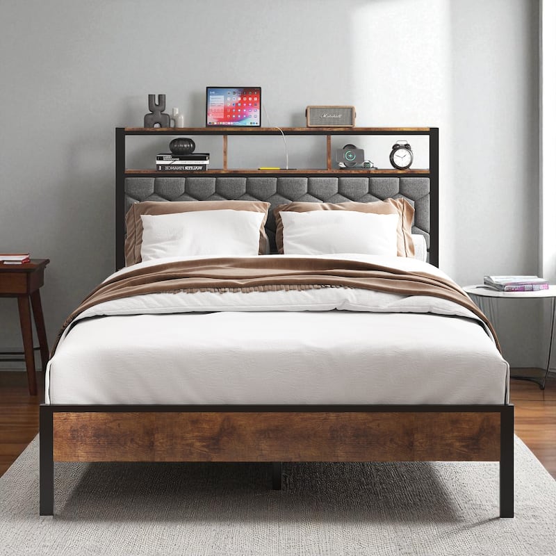 Full/Queen/King Platform Bed Frame with USB Ports, Upholstered Headboard, Storage, No Box Spring Needed - Brown - Full