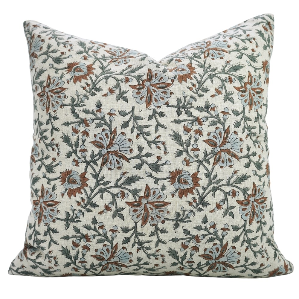 Fabdivine Block Print 12x20 Inch Pillow Cover Pure Linen Floral Farmhouse Decor Accent for Brown Soft, Cushion Case, Kanak Buti