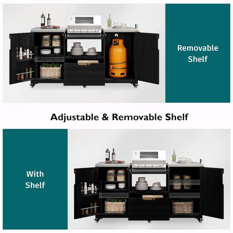 66.5" Outdoor Kitchen Island for Big Green Egg Grills, Solid Wood Grill Cart with Stainless Steel Top