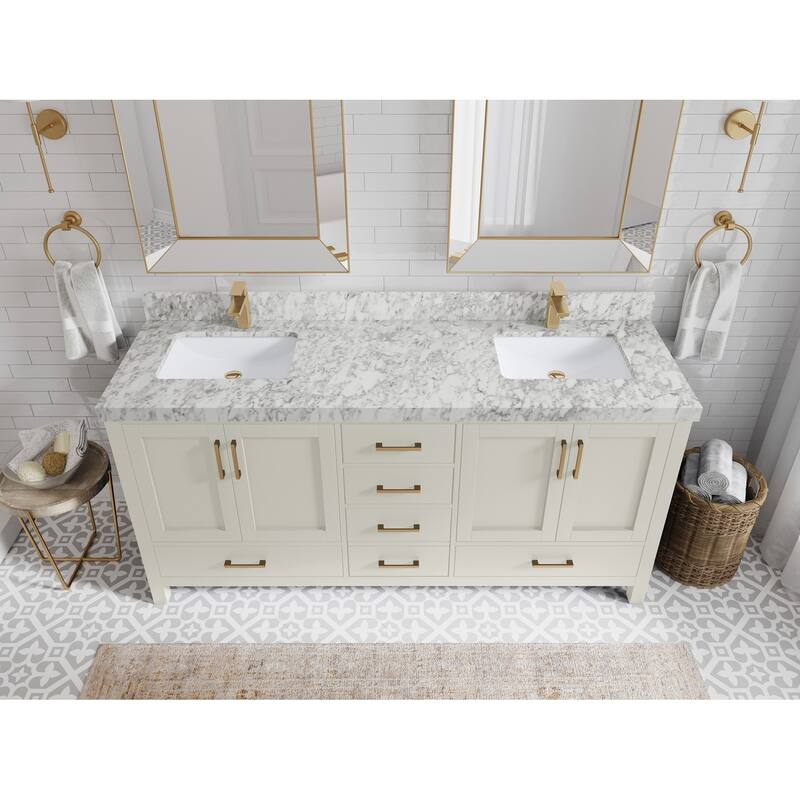 Willow Collection 72 in. W x 22 in. D Malibu Double Sink Bathroom Vanity with Countertop - 2" Carrara Marble - FineGrain
