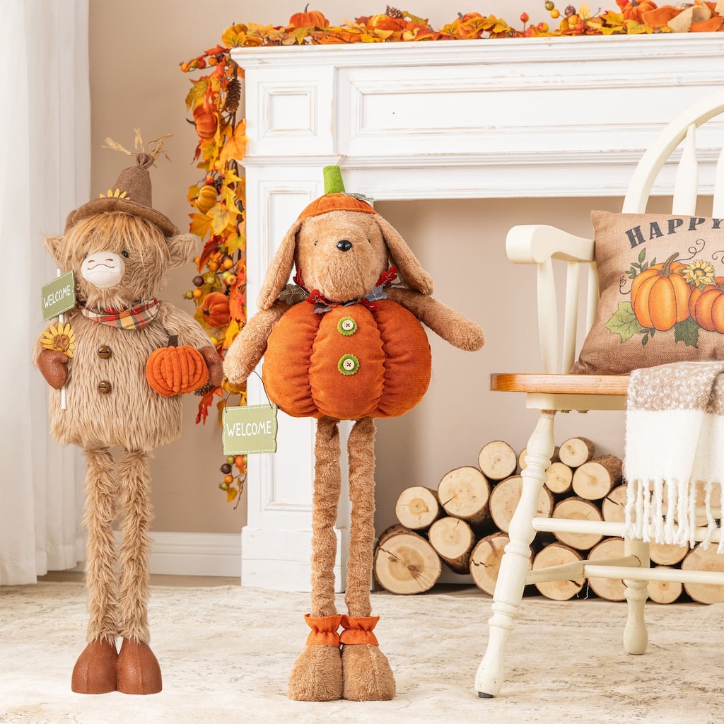 Glitzhome Fall Fabric Highland Cow & Pumpkin Dog Porch Decor With Telescoping Legs
