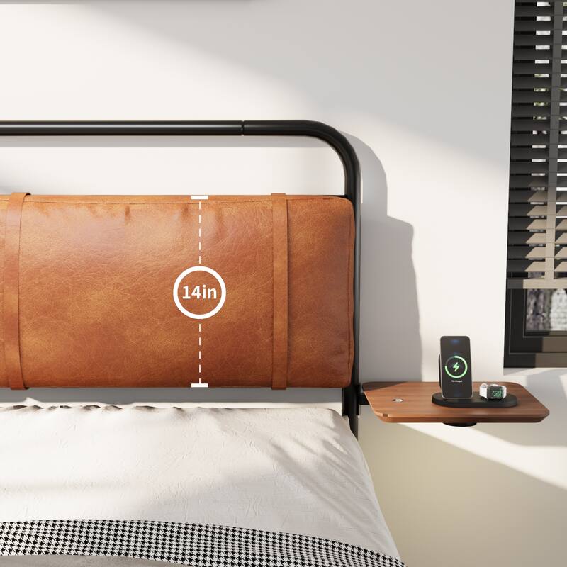 King Size Modern Metal Platform Bed with Upholstered Headboard and wireless charging