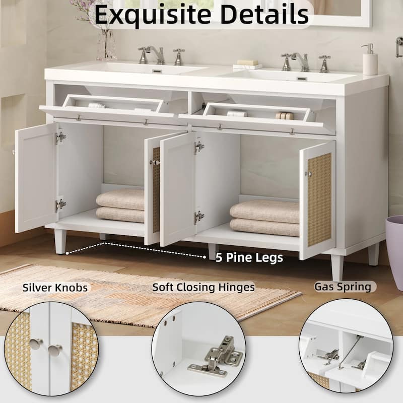 60" Double Sink Bathroom Vanity with SMC Integrated Top, Soft Close Doors, Tip-Out Trays and Rattan Front Cabinets