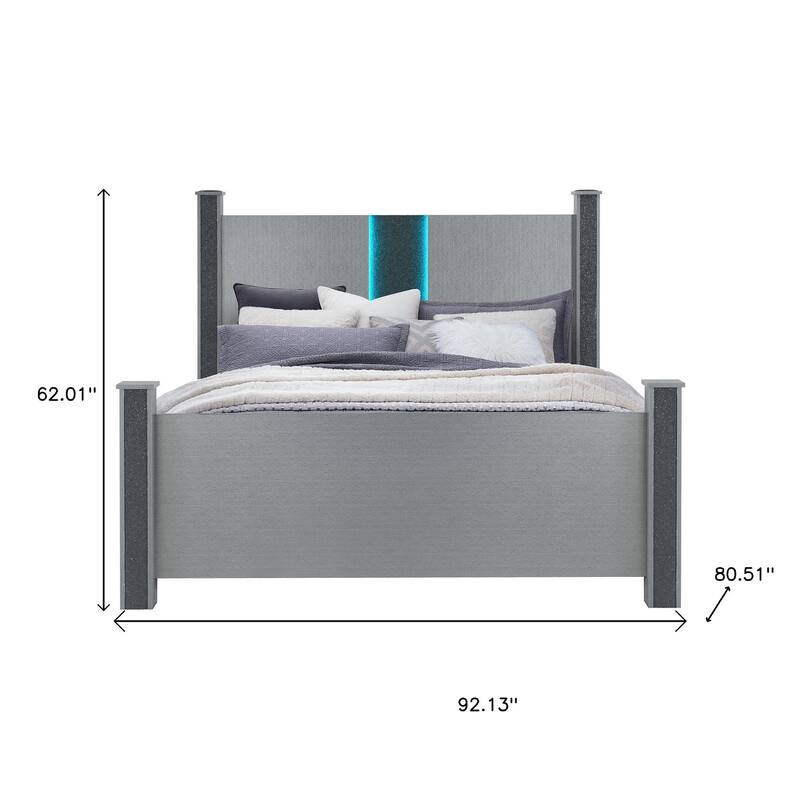 HomeRoots Silver Wood And Faux Crystals Lighted King Four Poster Bed Frame