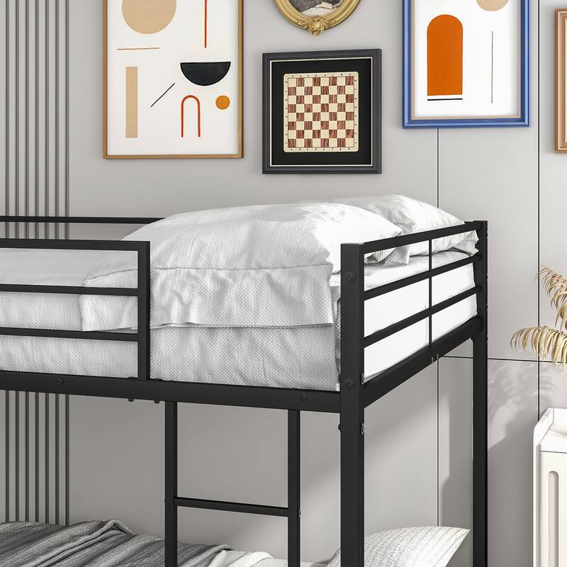 Twin Over Twin Metal Bunk Bed with Steel Slats and Guardrails, Space-Saving Design