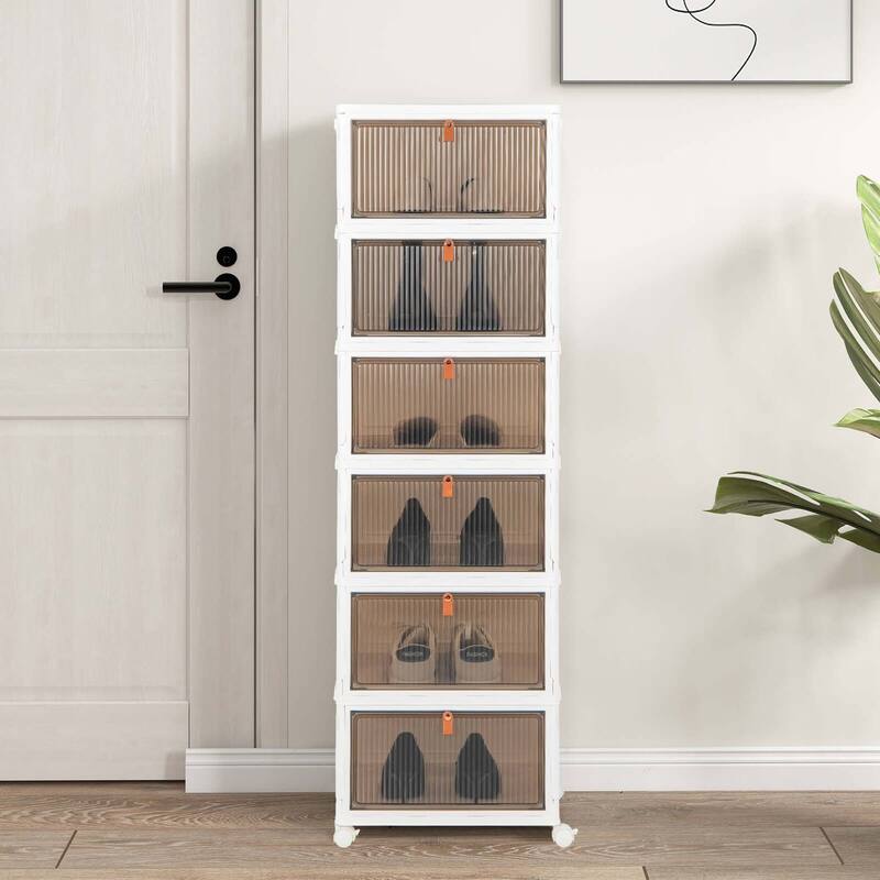 6Tier Stackable Plastic Storage Bins Storage Organizer w/ Lids &Doors