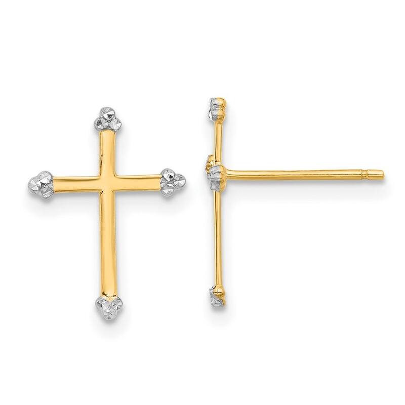 Curata 14k Yellow Gold White Rhodium Sparkle Cut Cross Post Earrings - 14.3x10.6mm