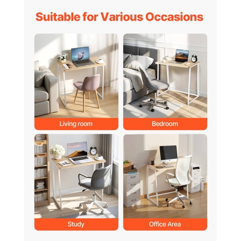 Wood Foldable Computer Desk with White Sturdy Steel Frame for Home Office and Study