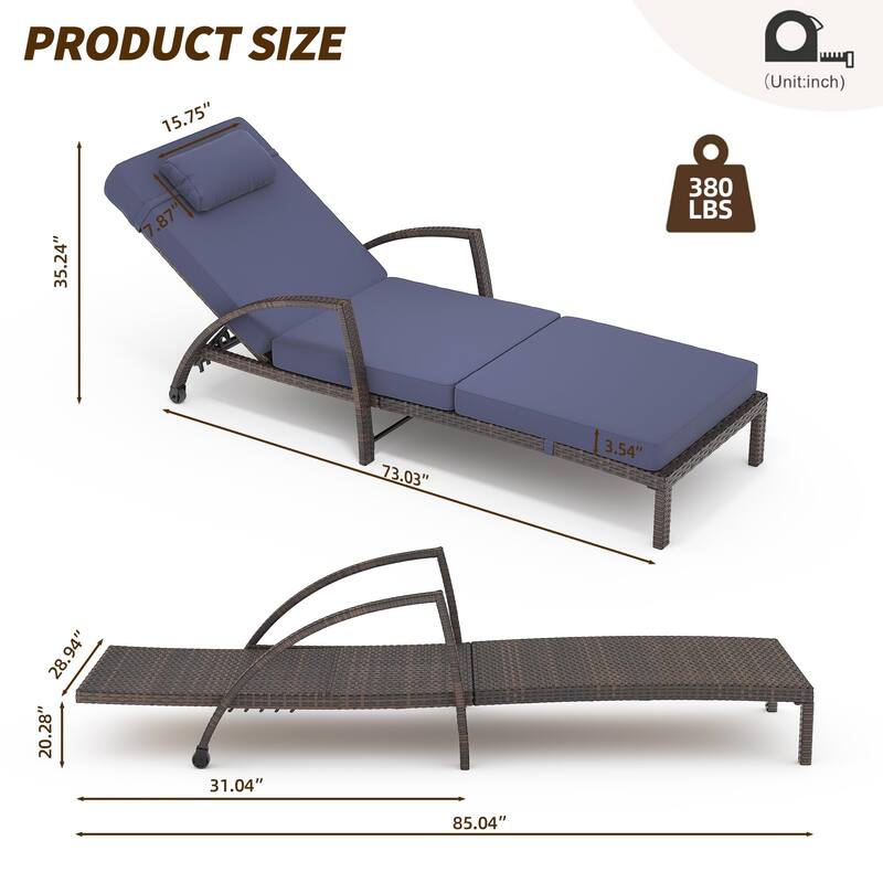 Outdoor Chaise Lounge Chairs Set of 2, Patio Rattan Reclining Chair with 5-Position Adjustable Backrest - Blue