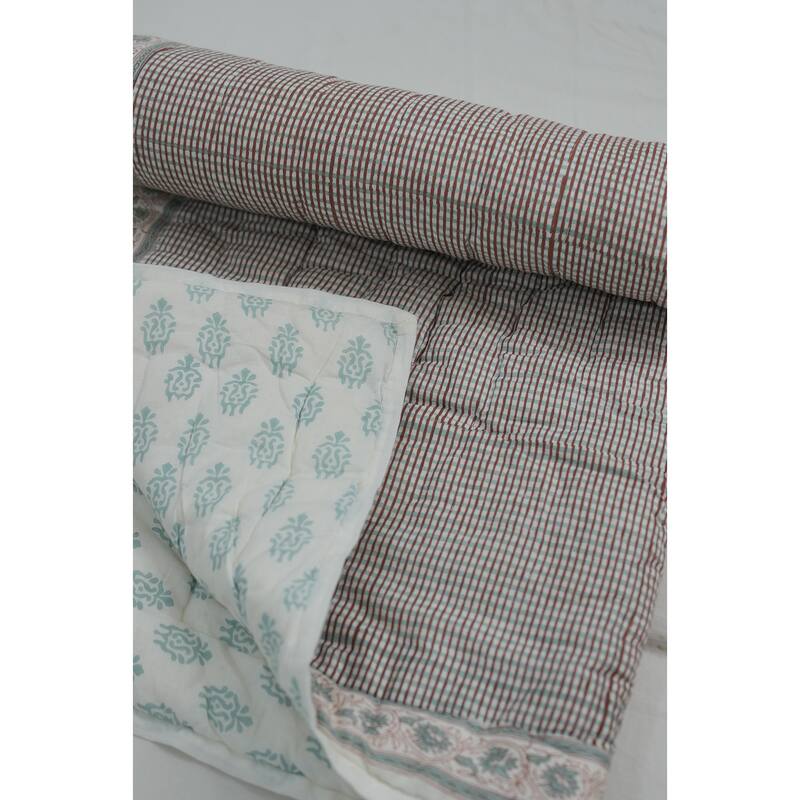 Fabdivine Hand Block Print Luxurious Cotton Quilt - Floral Patterned Umbrella, Reversible Artisan Bedspread for Bedroom Décor