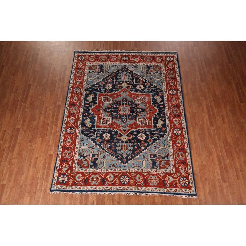 Blues & Orange Heriz Serapi Indian Area Rug Hand-Knotted Wool Carpet - 7'7" x 9'11"