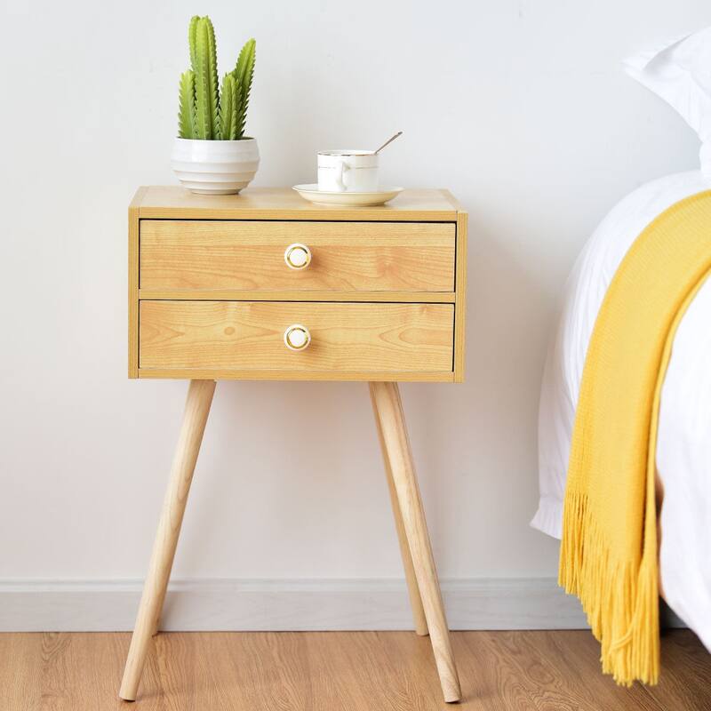 Costway Mid Century Modern 2 Drawers Nightstand In Natural Sofa Side