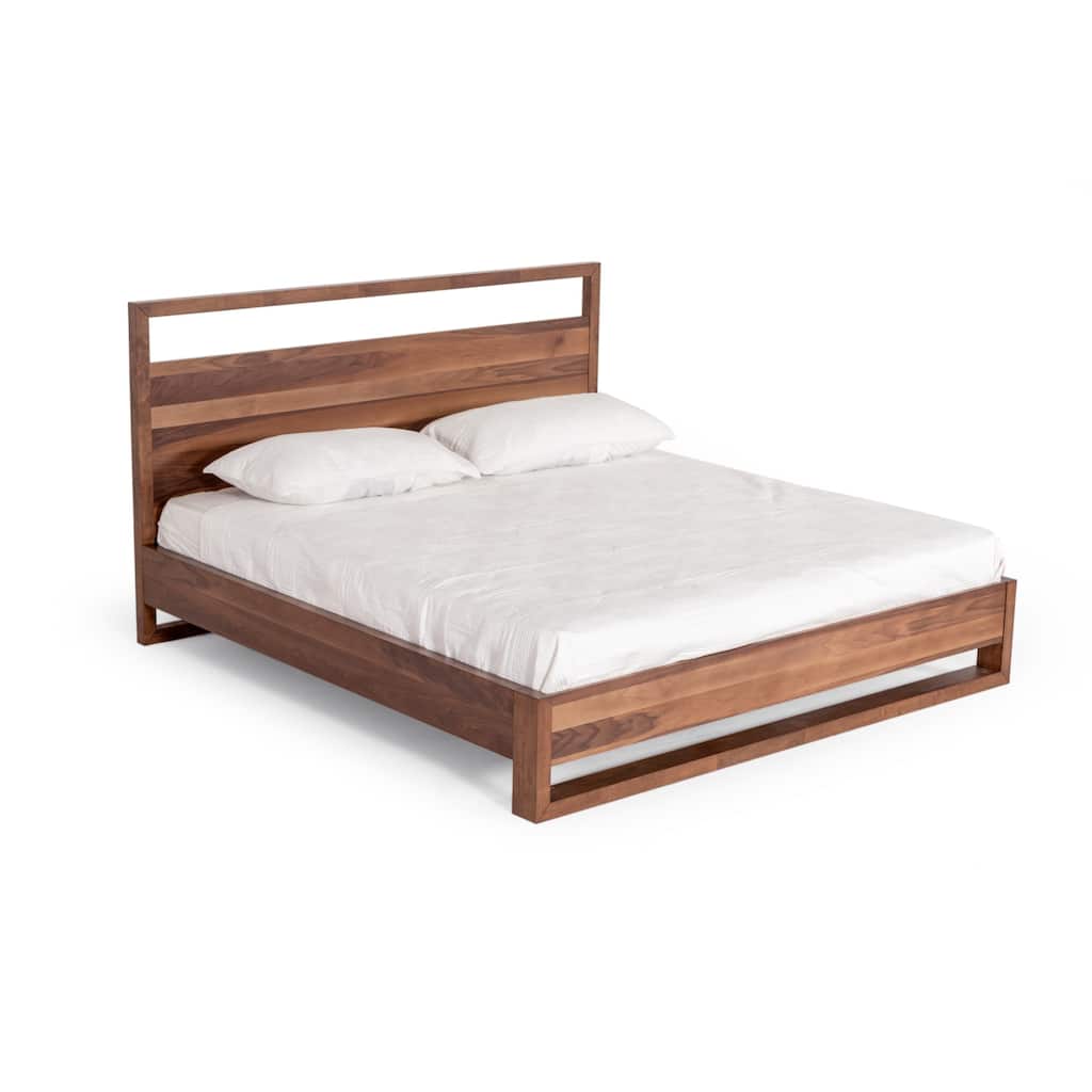 Lina Queen Size Bed with Plank Style Tall Headboard, Modern Walnut Brown