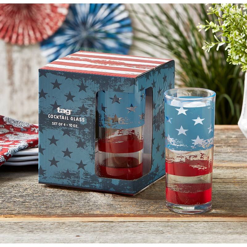 Set of 4 Patriotic Cocktail Glasses Clear Glass with American Flag Design , 10 oz
