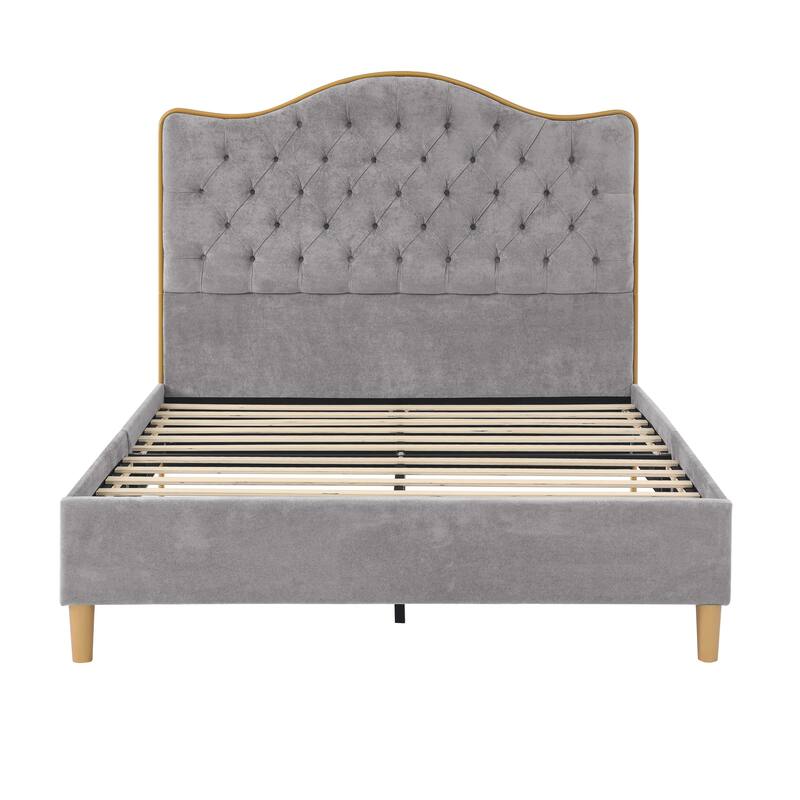 Tufted Upholstered Queen Bed Frame with Curved Headboard