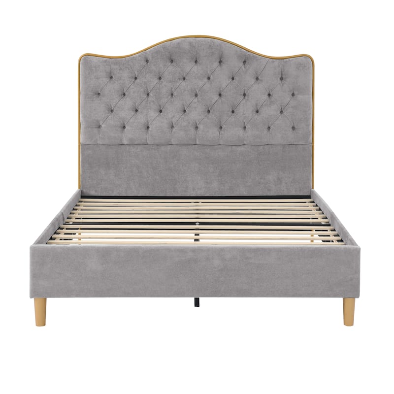 Upholstered Queen Bed Frame with Tufted Headboard and Wooden Legs