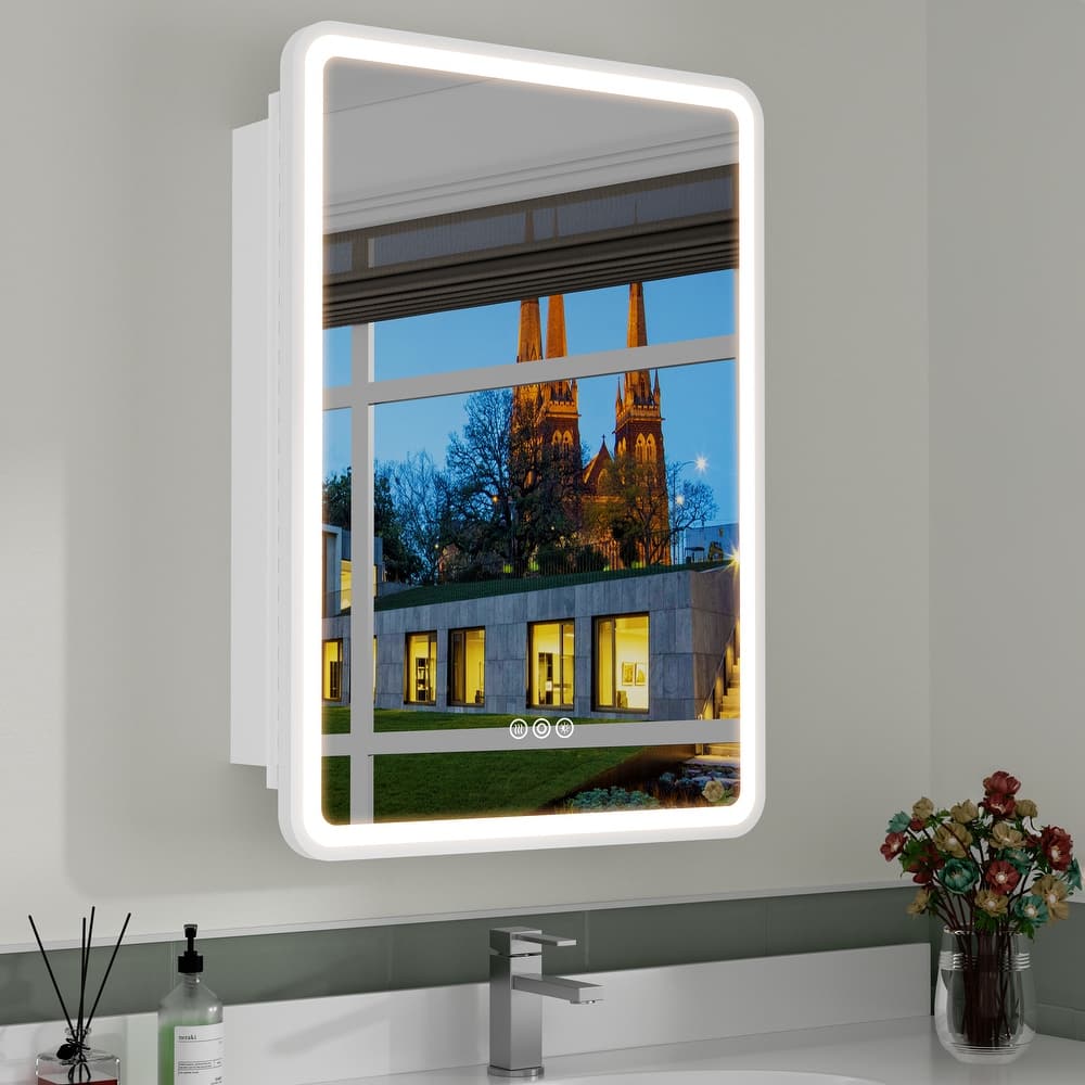 Milo LED Iron Medicine Cabinet with Mirror, Dimmable, Anti-fog, Adjustable Glass Shelves, Recessed or Surface Mount