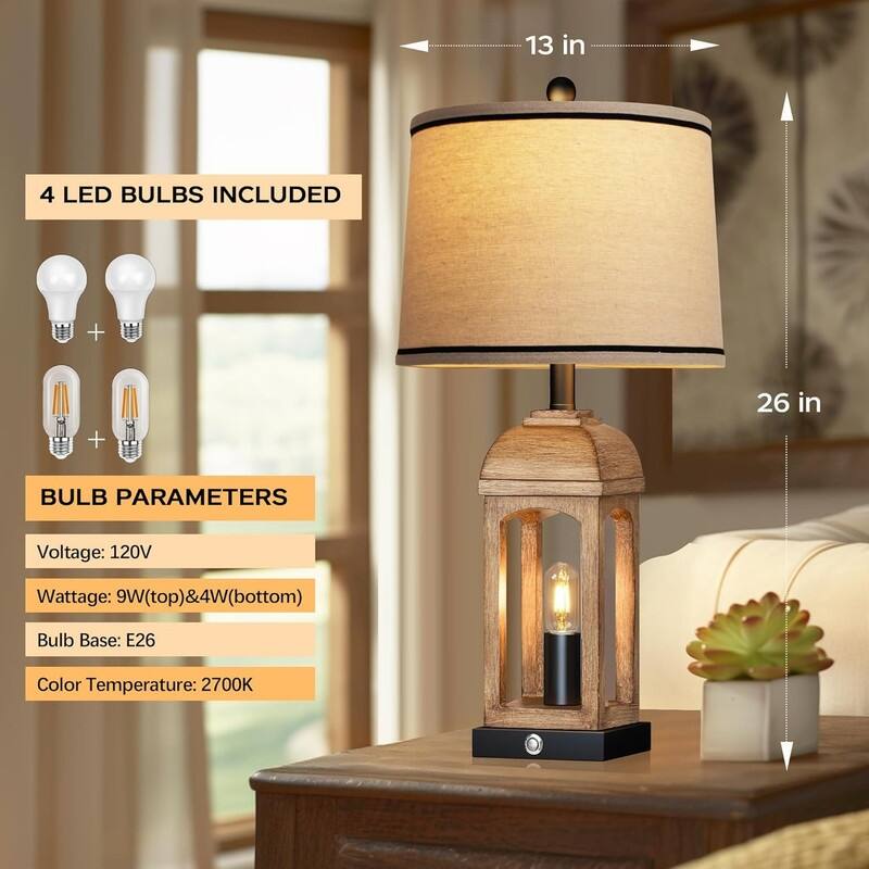 26 Tall Farmhouse Table Lamp for Living Room, Set of 2 Bedside Lamps with USB A+C and Nightlight, 3-Way Dimmable Touch Control