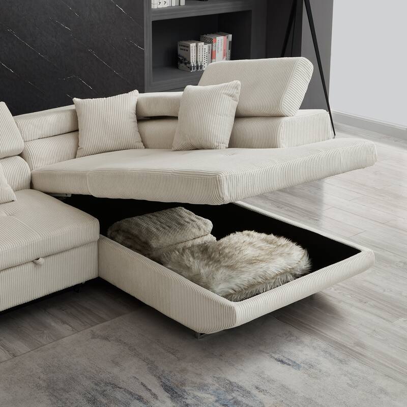 104.3" Pull Out Corduroy Sofa Bed with Storage Chaise