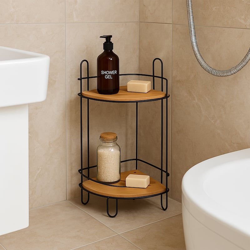 Corner Bathroom Organizer Storage Tower 3 or 2 Shelves Bamboo Black Metal - 2 Shelves - Black / Bamboo