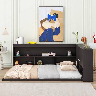 Full Floor Bed with L-shaped Bookcases,sliding doors,without slats