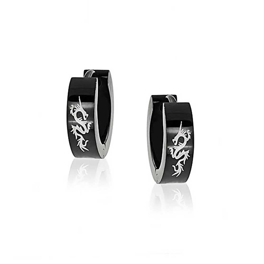 Tiny Asian Style Dragon Black Huggie Hoop Kpop Earrings For Men Women Laser Etched IP Plated Stainless Steel