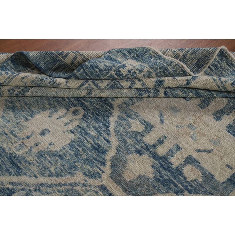 Hand Knotted Oriental 100% Wool Carpet Transitional All-Over Navy Blue & Blues Oushak Area Rug - 12' 7'' X 9' 5''