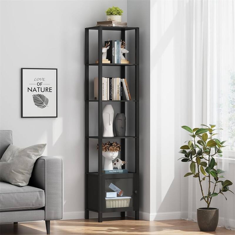 6 Tier Bookcase and Bookshelf - 10.7"D x 15"W x 65.3"H - Black