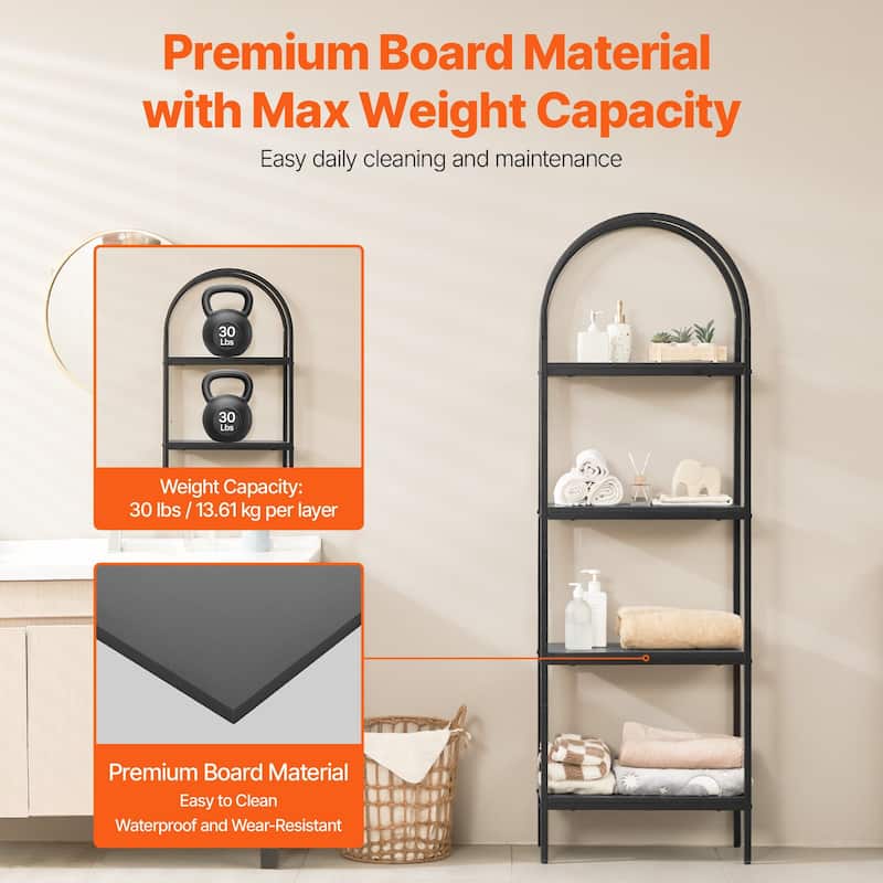 4-Tier Black Metal Freestanding Bookshelf with Adjustable Foot Pads Suitable for Any Room - 23.62" x 11.81" x 70.87"