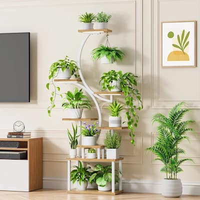 Wood Metal 8-Tier Indoor Plant Stand with S-Shape and Grow Lights - 19.6'' W X 10.2'' D x 62'' H