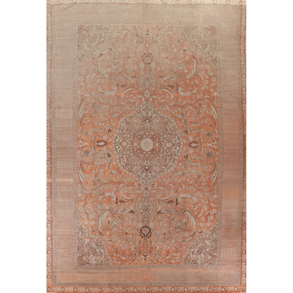 Hand Knotted Oriental 100% Wool Carpet Traditional Floral Oranges & Rust Tabriz Area Rug - 15' 2'' X 10' 8''