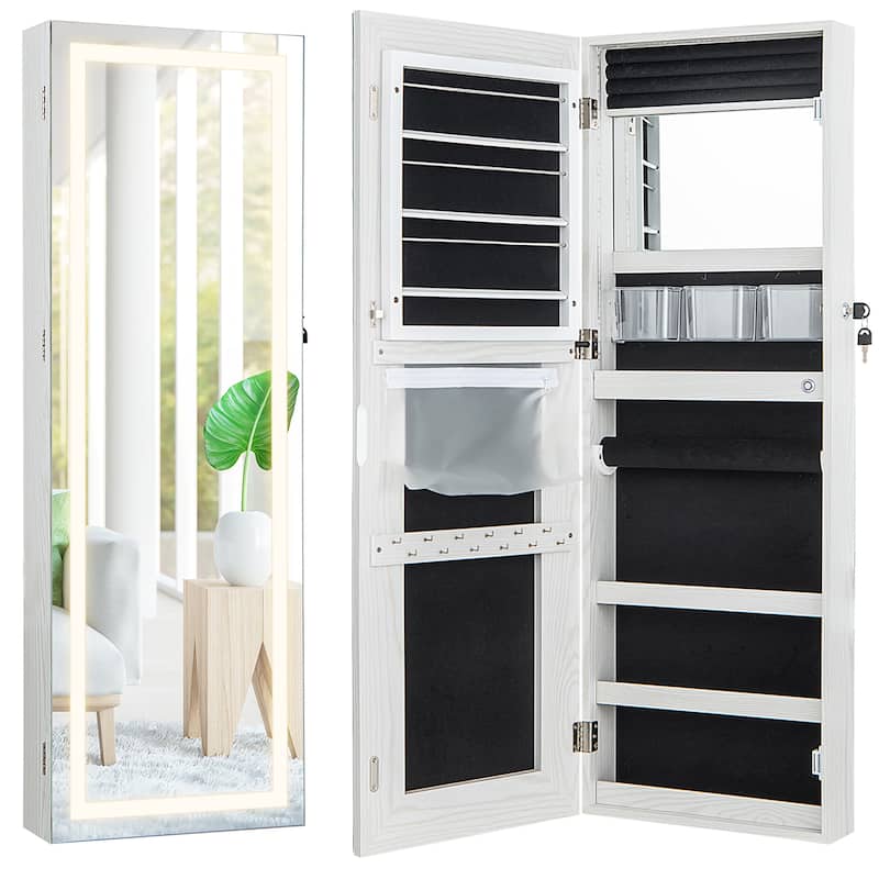 Gymax LED Mirror Jewelry Cabinet Wall/Door Mounted Organizer Armoire