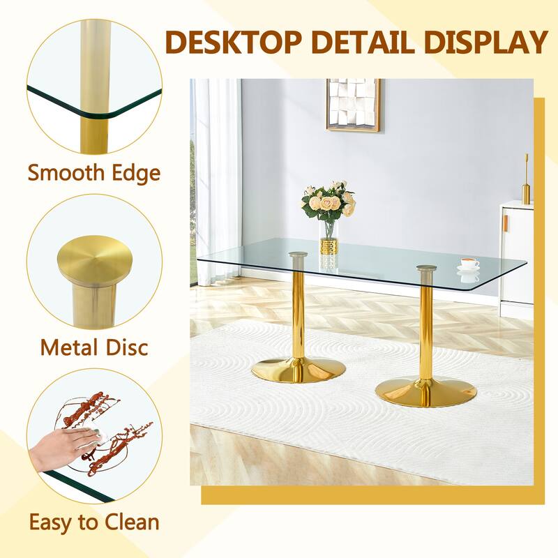 Rectangular Glass Top Dining Table with Metal Legs Modern Minimalist Design