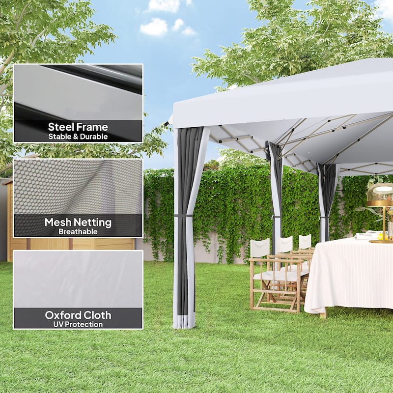 Pop-Up Canopy Tent with Mesh Panels Cream White Oxford Fabric, Powder-Coated Steel Frame - 230.25" L x 116.25" W x 106.25" H