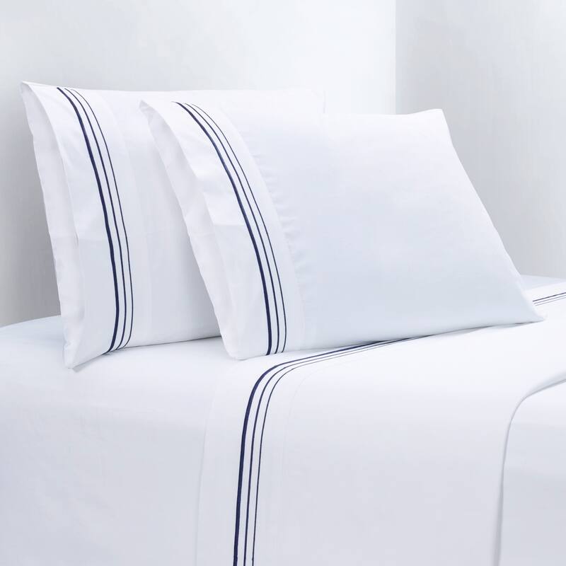 HiEnd Accents 100% Cotton Hotel Luxury Embroidered Border Sheet Set, 4PC - Queen - Navy