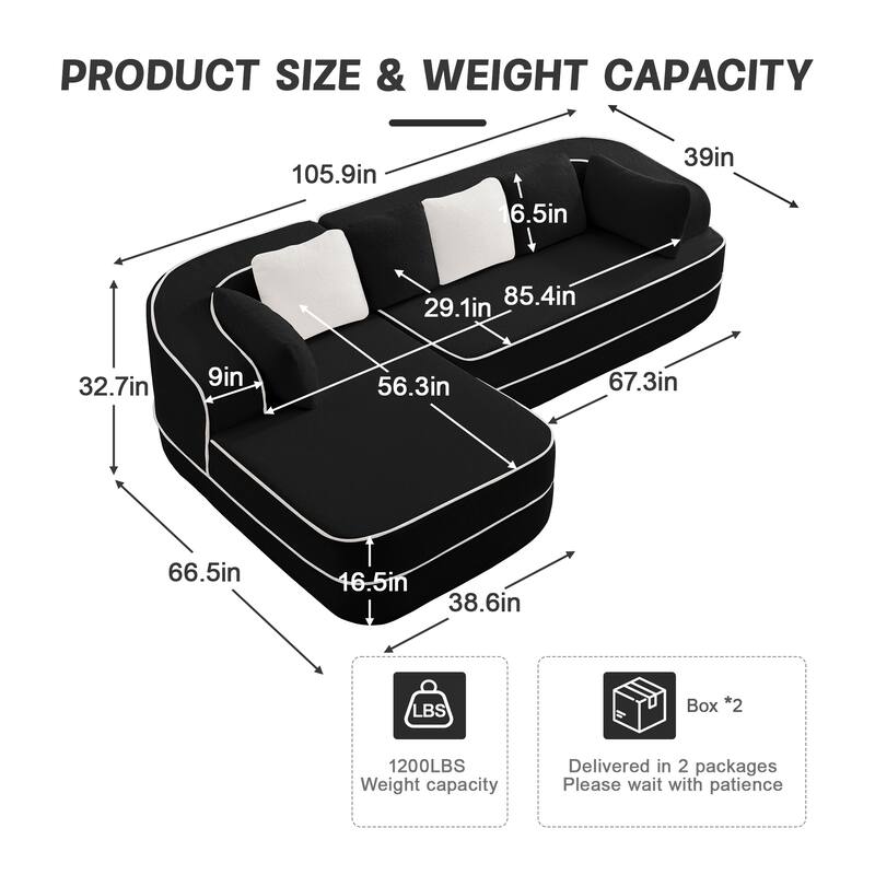 Roomfitters No Assembly Modular Sofa, 106 Inch Teddy Fabric Floor Couch with Chaise, Black