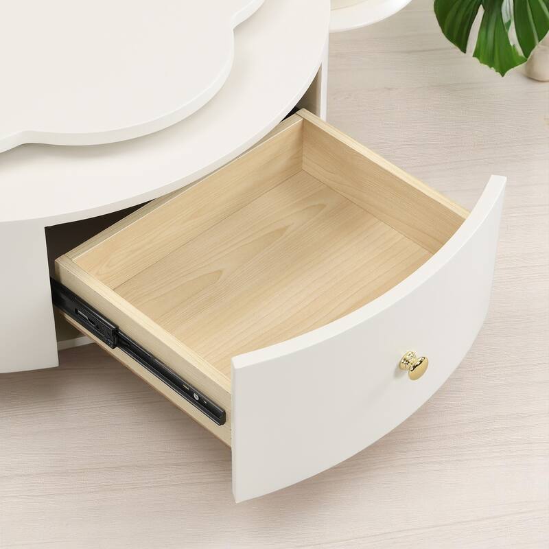 2-Piece Rotating Flower-Shaped Coffee Table Set, Drawers, and Top Circle Side Table End Table with Glass for Living Room
