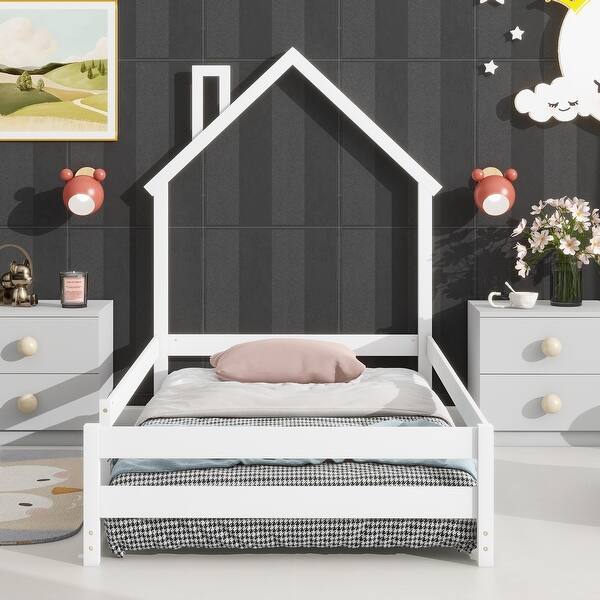 slide 2 of 9, Twin Size Montessori Floor Bed with Fences, Modern Twin Kids Bed with House-shaped Headboard, Wood Twin Bed Frame for Girls,Boys White - Twin