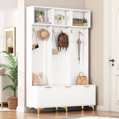 Modern Large Storage Hall Tree with Bench,High Gloss Fluted Doors